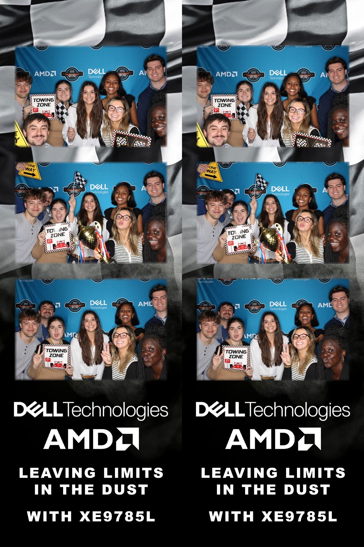 Series of photo booth style images showing groups at a tech event with Dell and AMD branding.