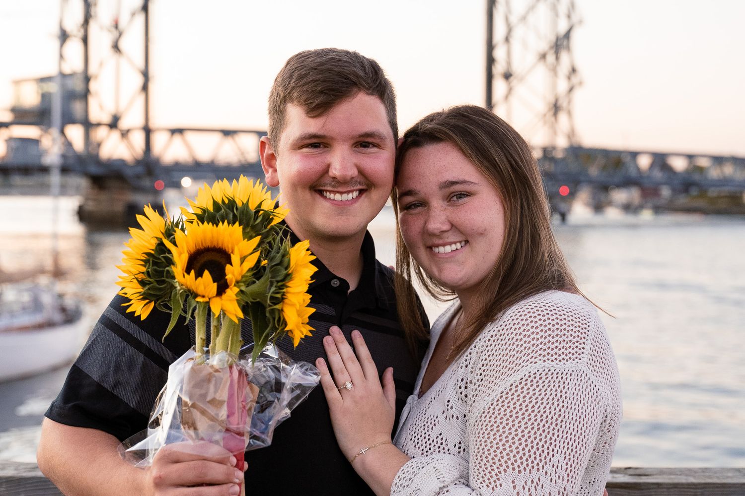 Couple embracing during a scenic engagement photo session