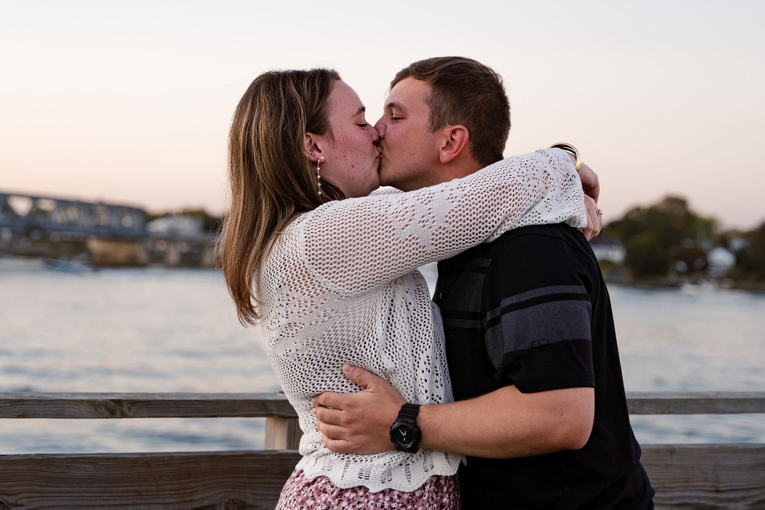 Couple embracing during a scenic engagement photo session