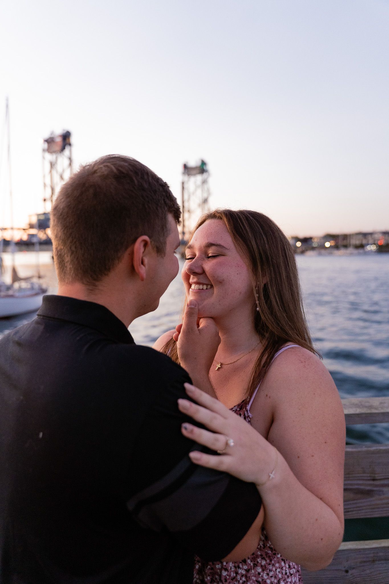 Couple embracing during a scenic engagement photo session