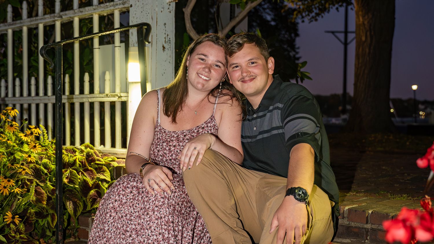 Couple embracing during a scenic engagement photo session