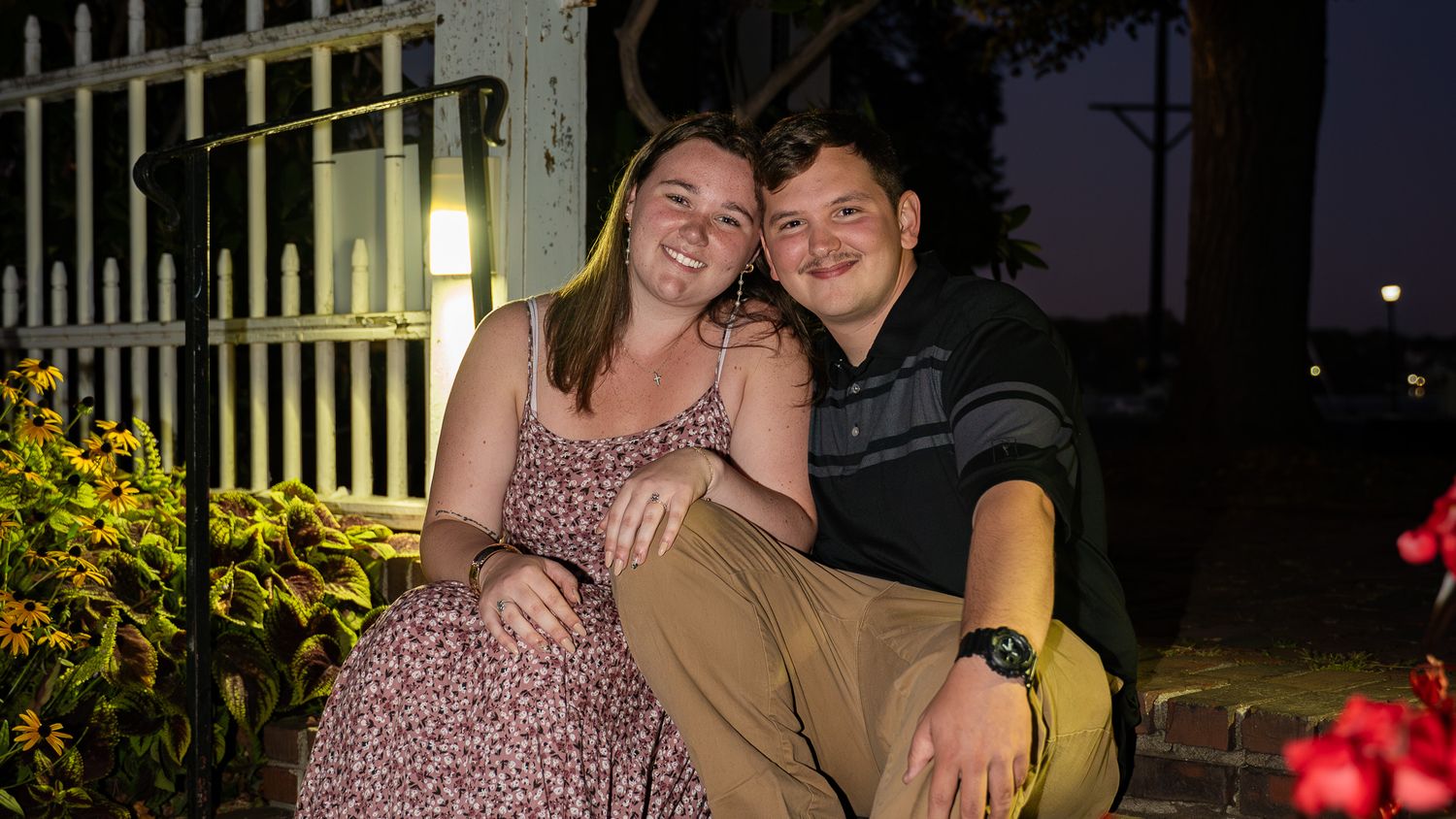 Couple embracing during a scenic engagement photo session