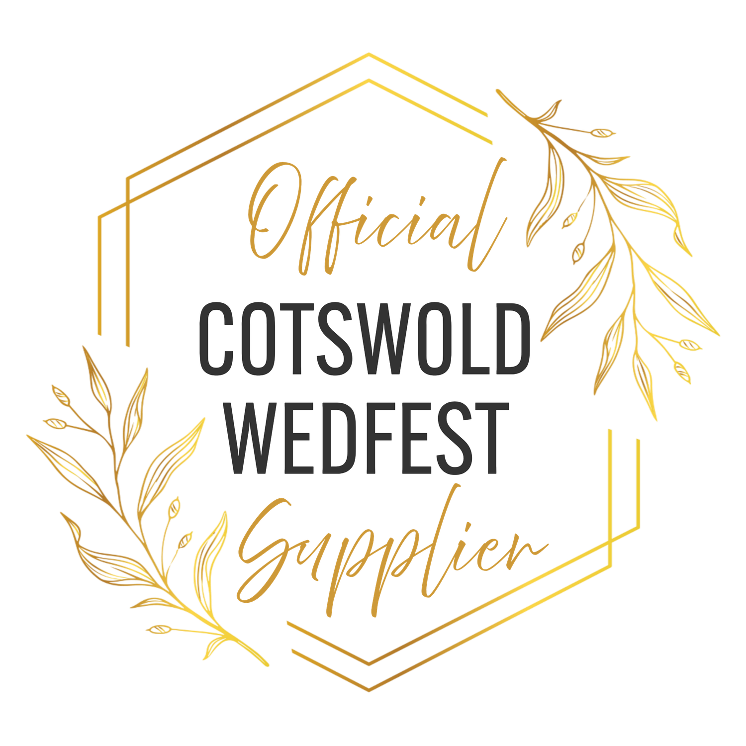 Official Cotswold Wedfest Supplier gold hexagon badge with elegant floral leaf design.
