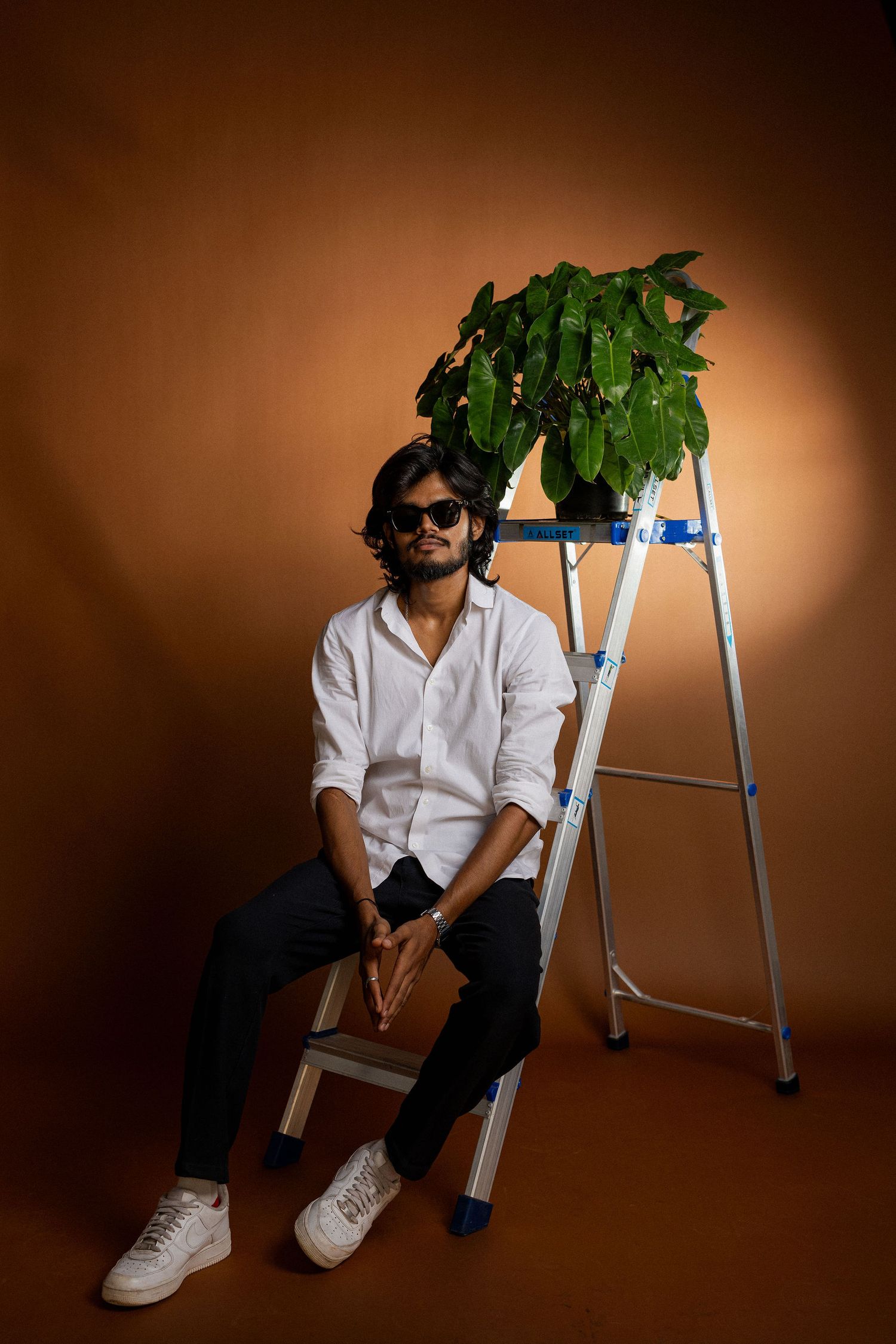 A contemporary studio portrait series showing someone seated on a ladder with a plant against a brown backdrop.
