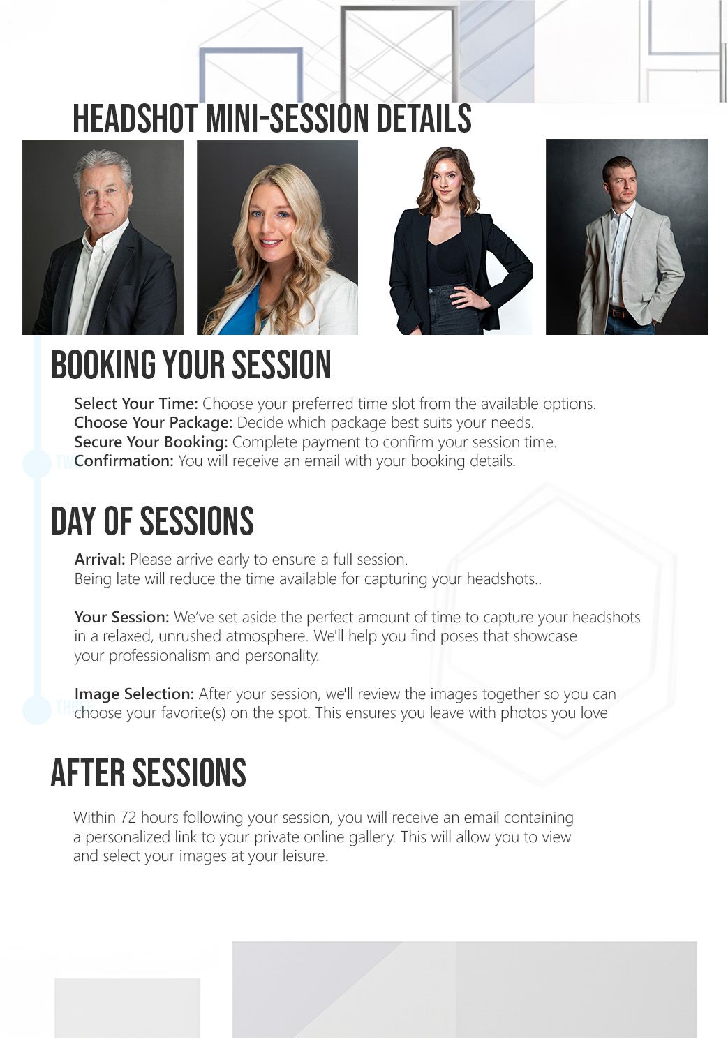 Professional headshot photography session details and booking information layout.