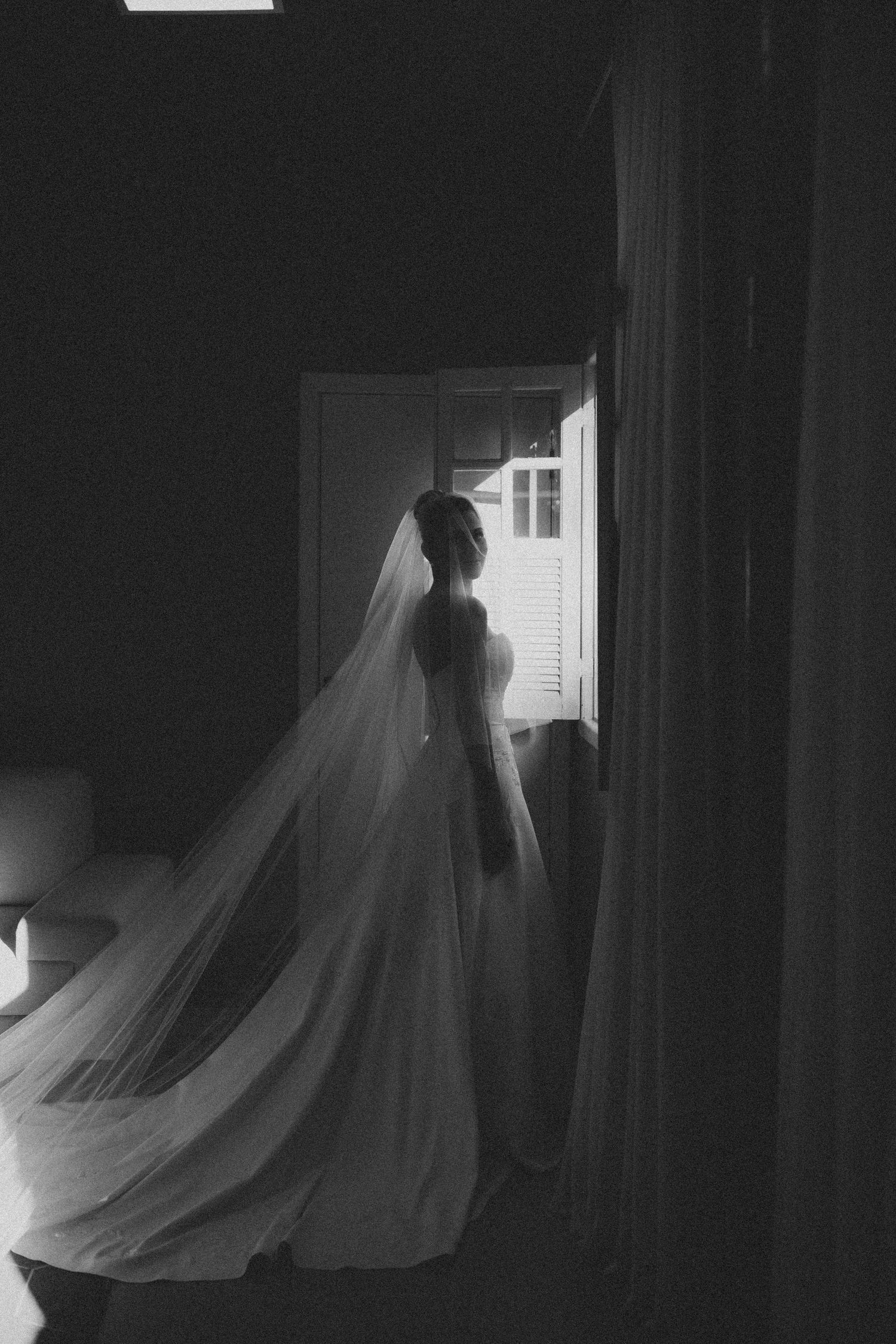 A silhouetted figure in a flowing wedding dress and veil stands near a window in dramatic black and white lighting.