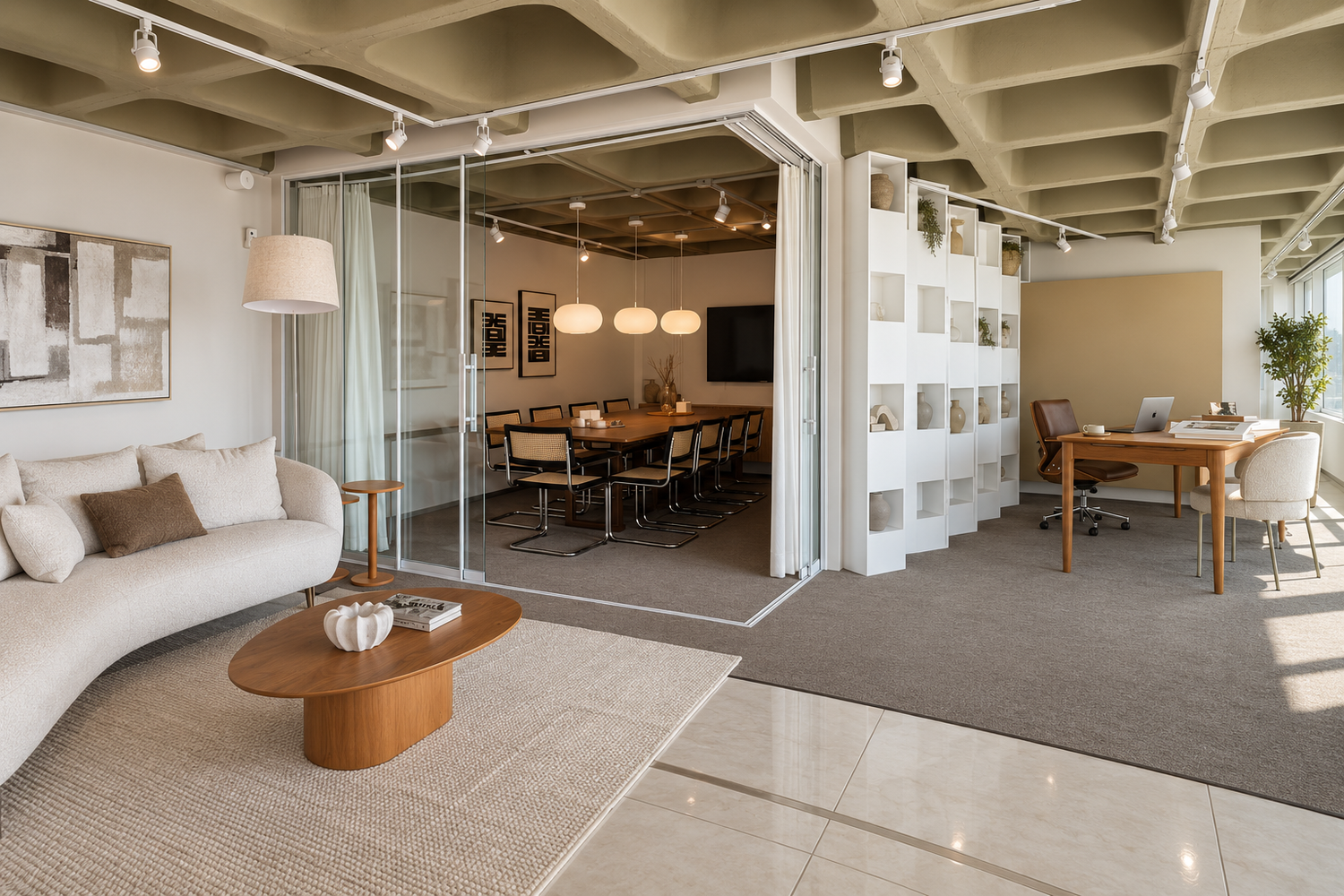 Modern open-plan office with curved white sofa, oval coffee table, glass-walled conference room, and elegant dining area.