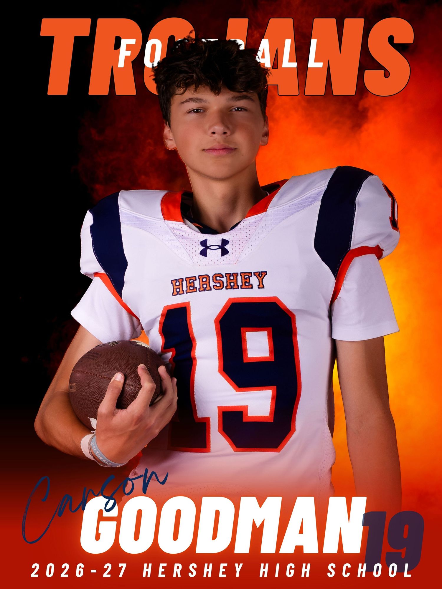 Hershey Trojans football senior banner for Carson Goodman, #19, 2026-27 season, by Deanna Fox, SportsFox Photography based in Hershey PA