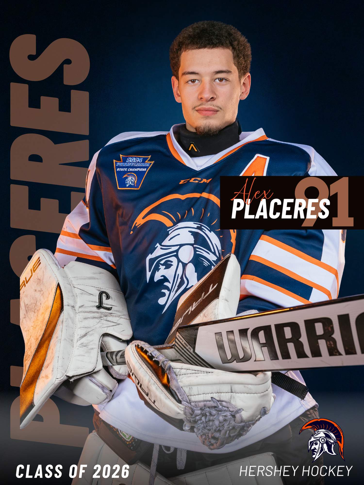 Hershey High School hockey senior banner holding hockey stick, sports portrait by SportsFox Photography