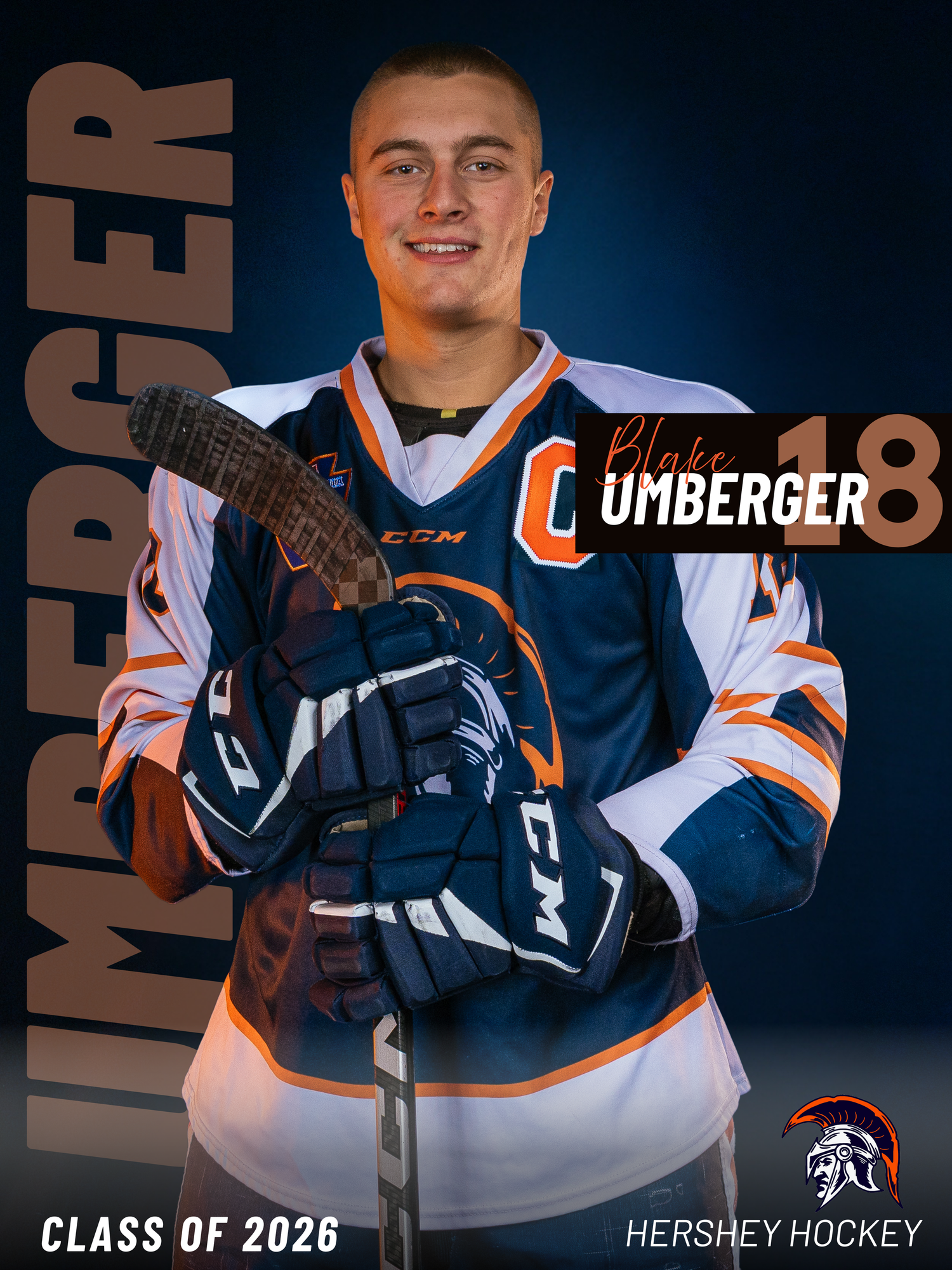 Hershey High School hockey senior banner holding hockey stick, sports portrait by SportsFox Photography
