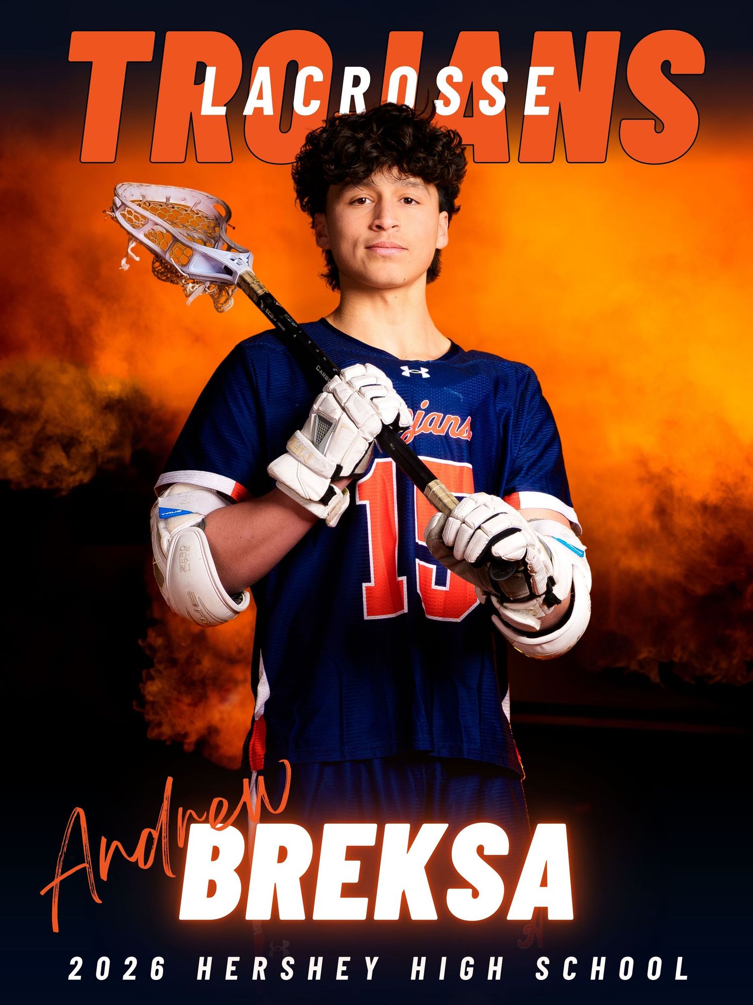 Andrew Breksa, Hershey Trojans boys lacrosse Media Day portrait with orange smoke, by Deanna Fox, SportsFox Photography based in Hershey PA