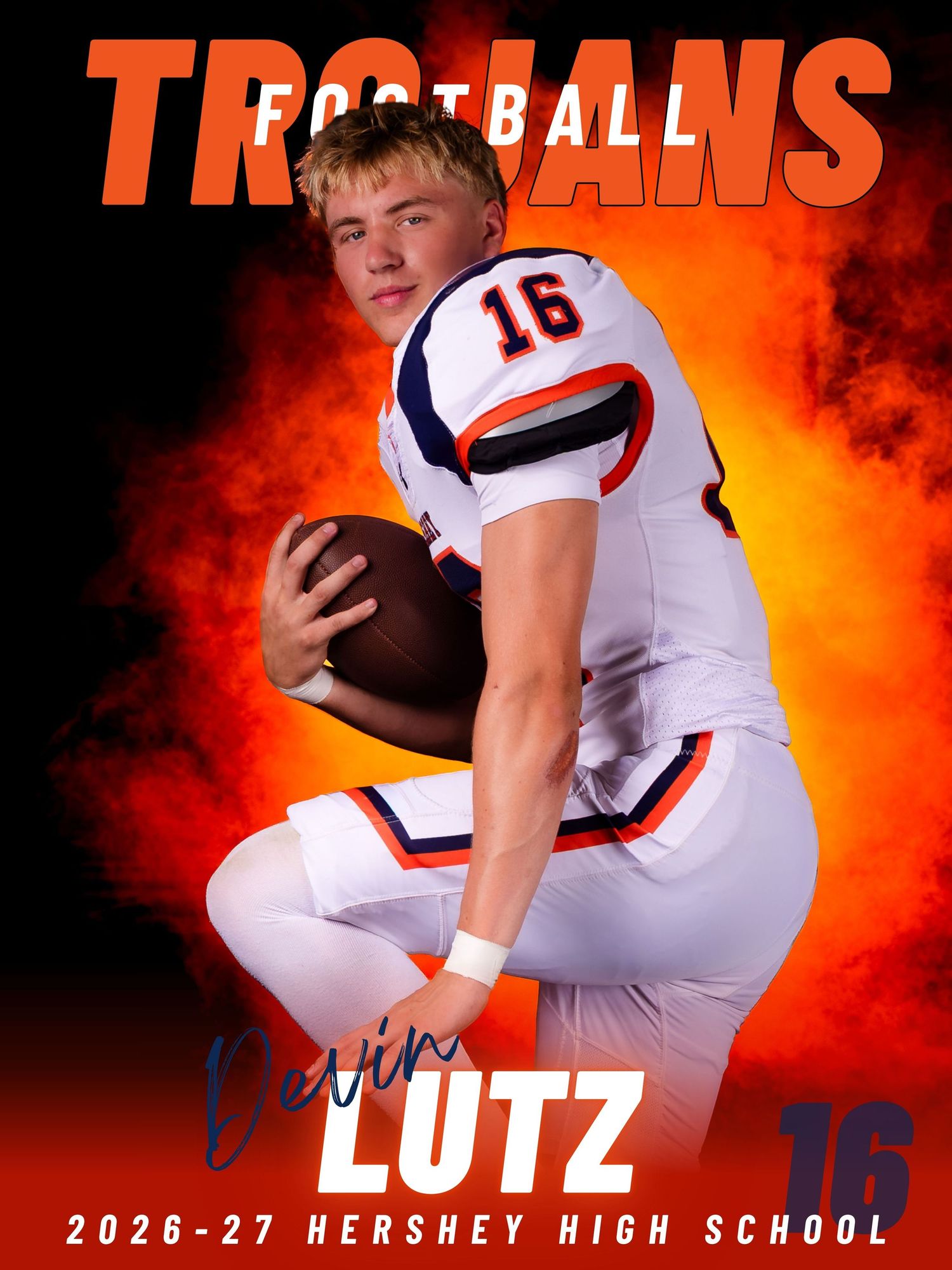 Hershey Trojans football senior banner for Devin Lutz, #16, 2026-27 season, by Deanna Fox, SportsFox Photography based in Hershey PA