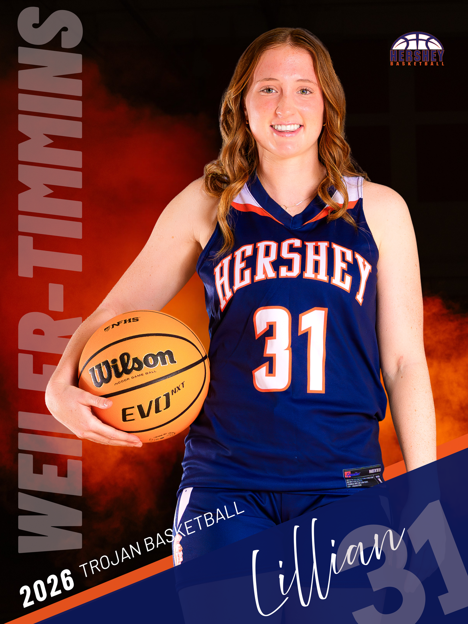 Hershey basketball senior banner, Lillian Weiler-Timmins #31, class of 2026, blue jersey, holding basketball, SportsFox Photography