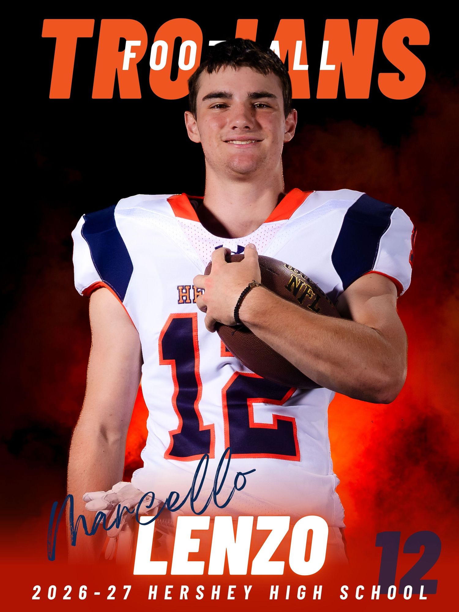 Hershey Trojans football senior banner for Marcello Lenzo, #12, 2026-27 season, by Deanna Fox, SportsFox Photography based in Hershey PA