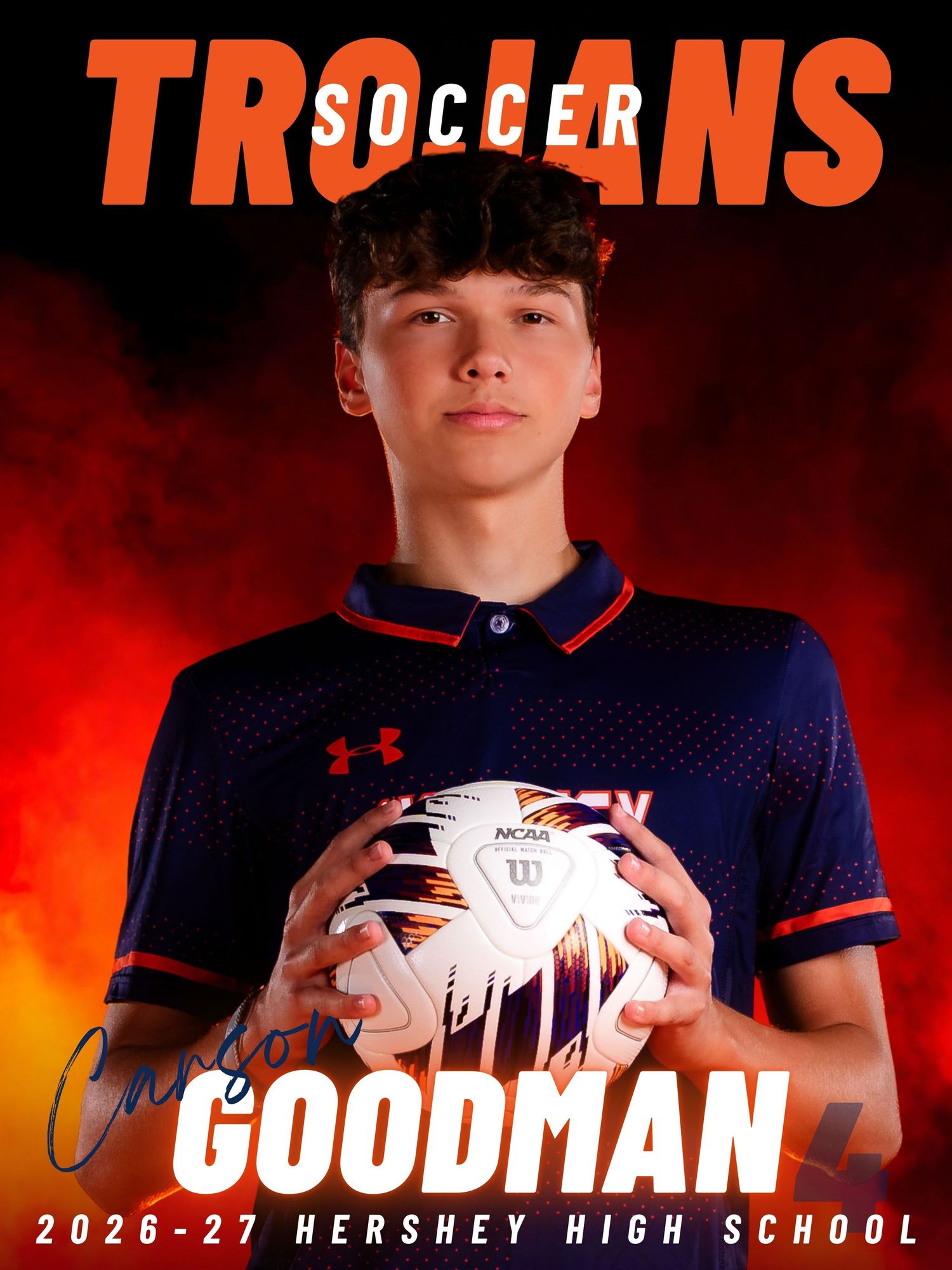 Hershey Trojans boys soccer senior banner for Goodman, 2026-27 season, by Deanna Fox, SportsFox Photography based in Hershey PA