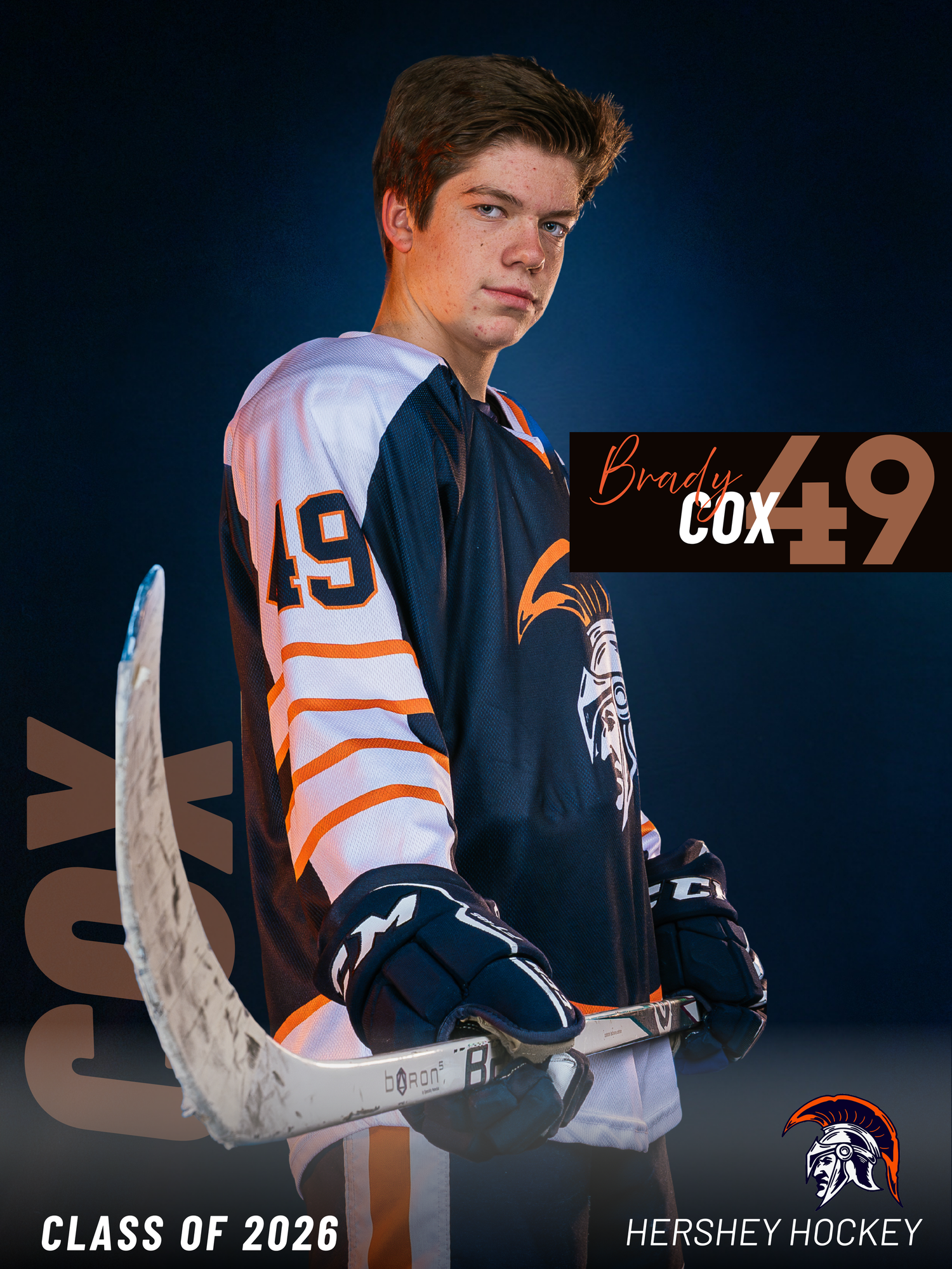 Hershey High School hockey senior banner featuring Brady Cox, class of 2026, holding hockey stick, sports portrait by SportsFox Photography