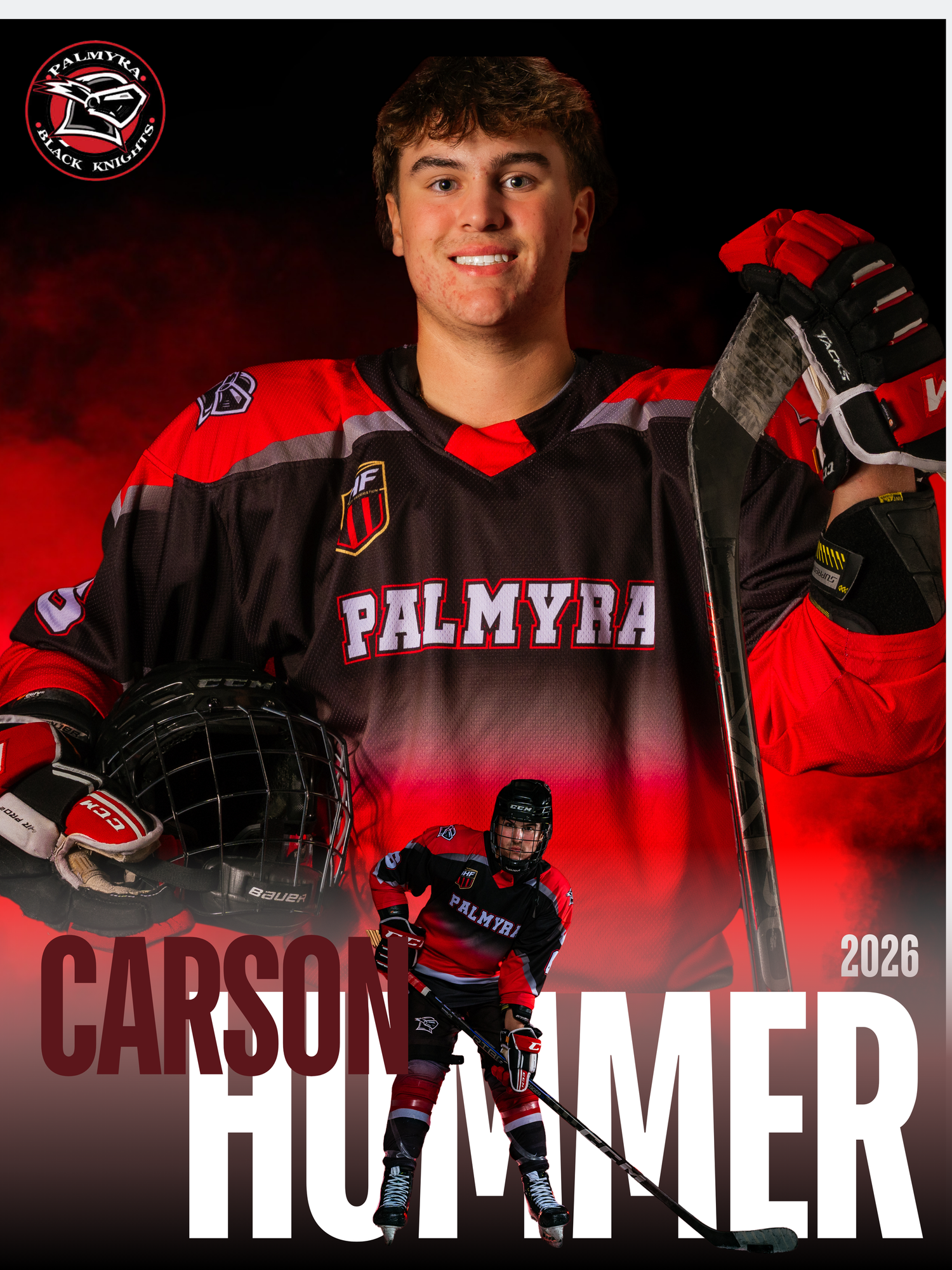 Palmyra Black Knights hockey senior banner holding hockey stick, sports portrait by SportsFox Photography