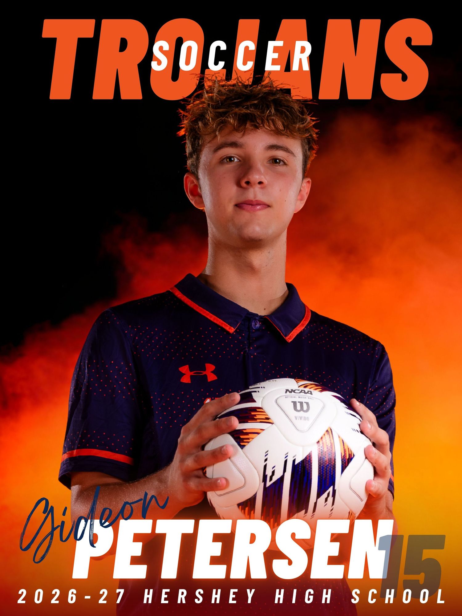 Hershey Trojans boys soccer senior banner for Petersen, #15, 2026-27 season, by Deanna Fox, SportsFox Photography based in Hershey PA