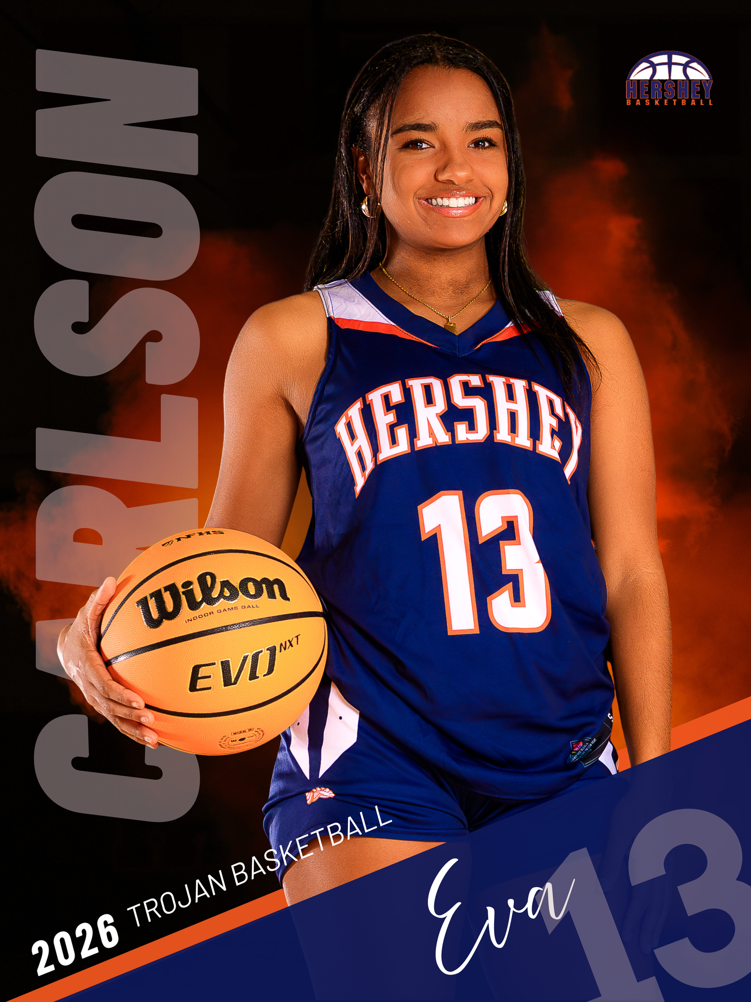 Hershey basketball senior banner, Eva Carlson #13, class of 2026, blue jersey, holding basketball, SportsFox Photography
