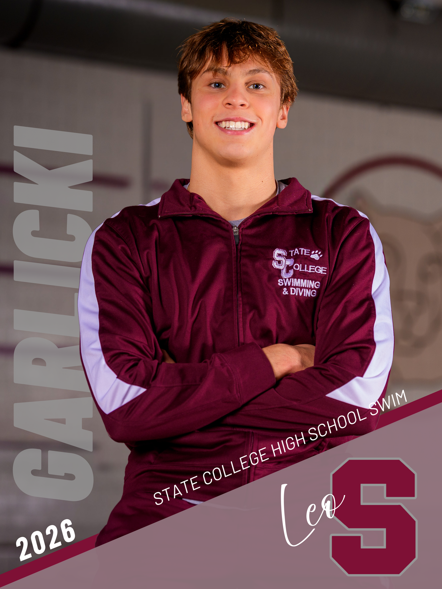 State College High School swim senior banner Leo Garlicki, class of 2026, maroon team jacket, by SportsFox Photography