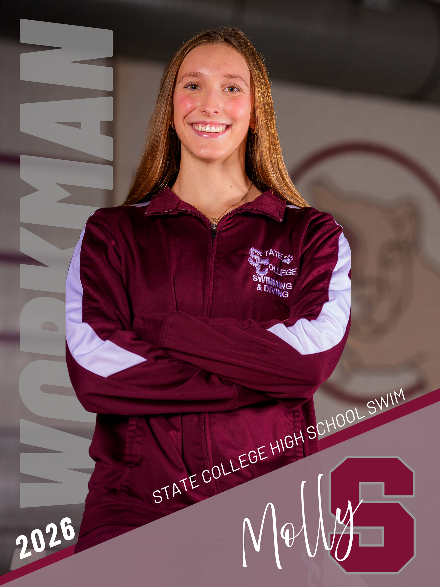 State College High School swim senior banner Molly Workman, class of 2026, maroon team jacket, by SportsFox Photography