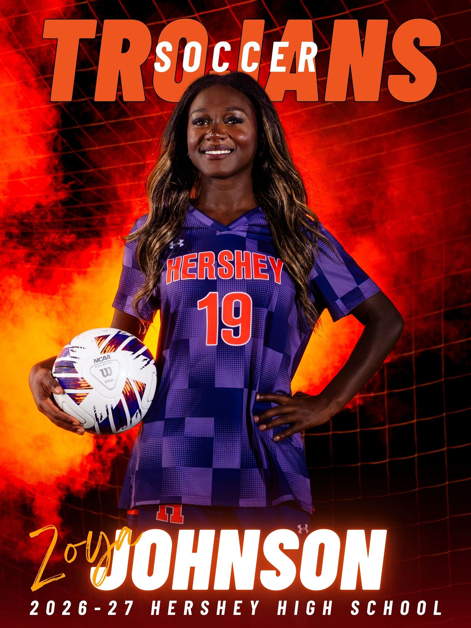 Hershey Trojans girls soccer senior banner for Johnson, #19, 2026-27 season, by Deanna Fox, SportsFox Photography based in Hershey PA