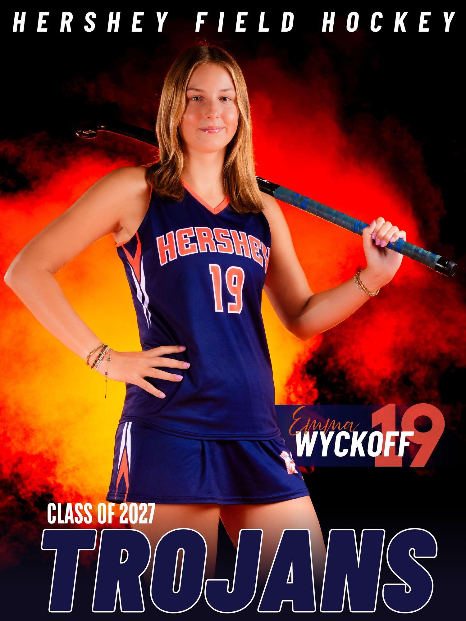 Hershey Field Hockey senior banner for Emma Wyckoff, #19, Class of 2027, by Deanna Fox, SportsFox Photography based in Hershey PA