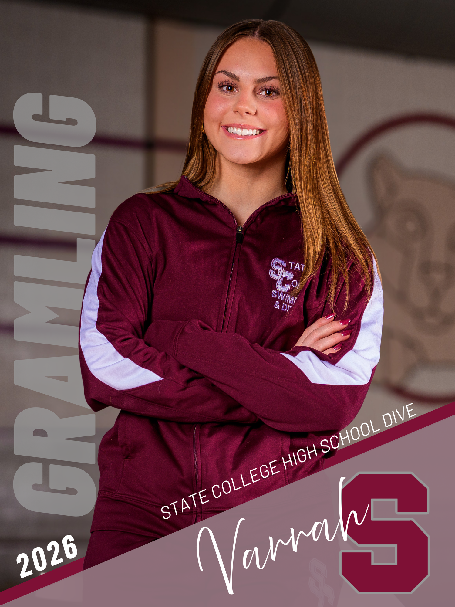 State College High School swim senior banner Varrah Gramling, class of 2026, maroon team jacket, by SportsFox Photography