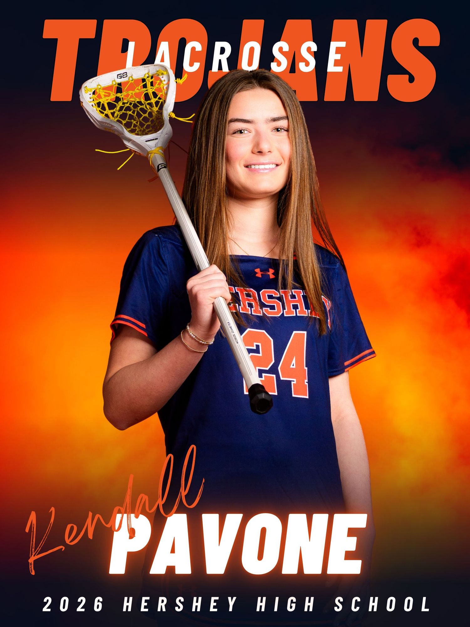 Kendell Pavone, Hershey Trojans girls lacrosse Media Day portrait with smoke, by Deanna Fox, SportsFox Photography based in Hershey PA