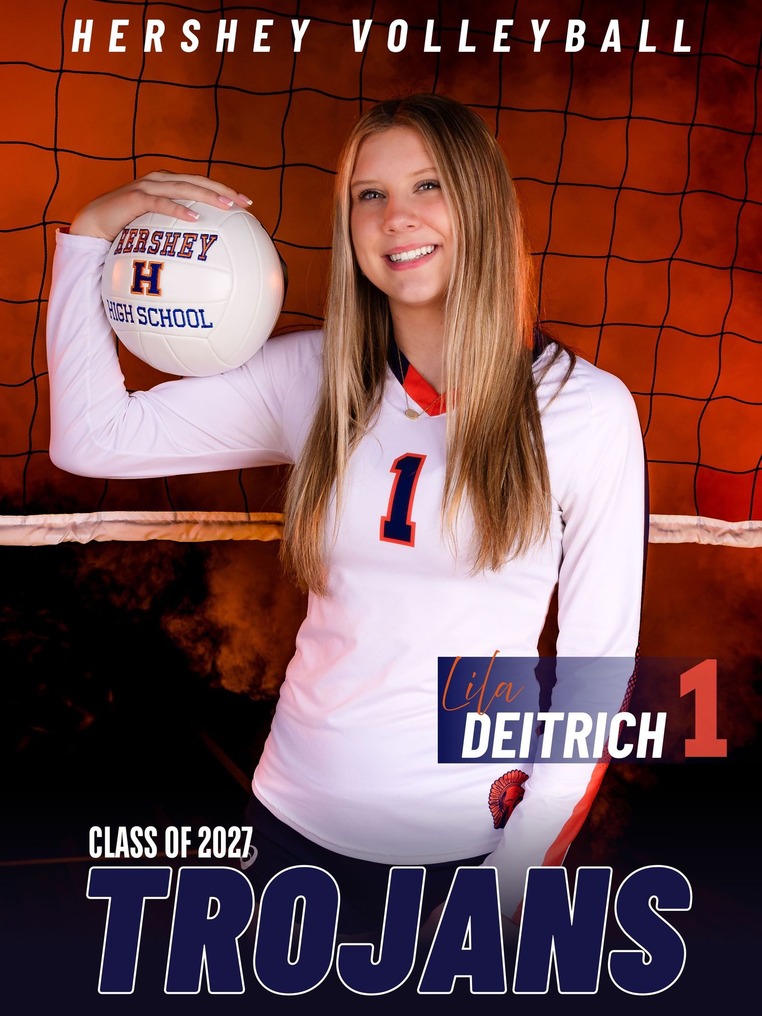 Hershey Trojans volleyball senior banner for Lila Deitrich, #1, Class of 2027, by Deanna Fox, SportsFox Photography based in Hershey PA