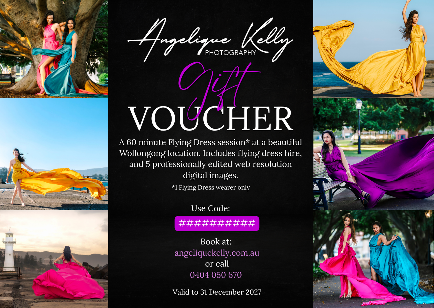 Angelique Kelly Photography gift voucher featuring vibrant flying dress sessions at Wollongong with colorful gown photos.