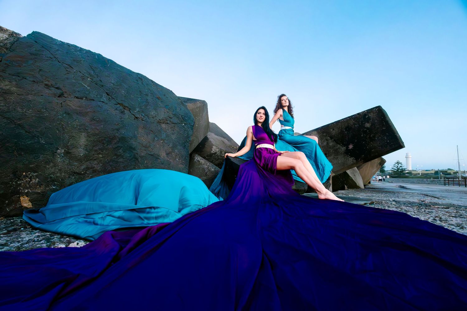 Wollongong Flying Dress Photographer. Women in Flying Dresses at Wollongong Breakwater Lighthouse