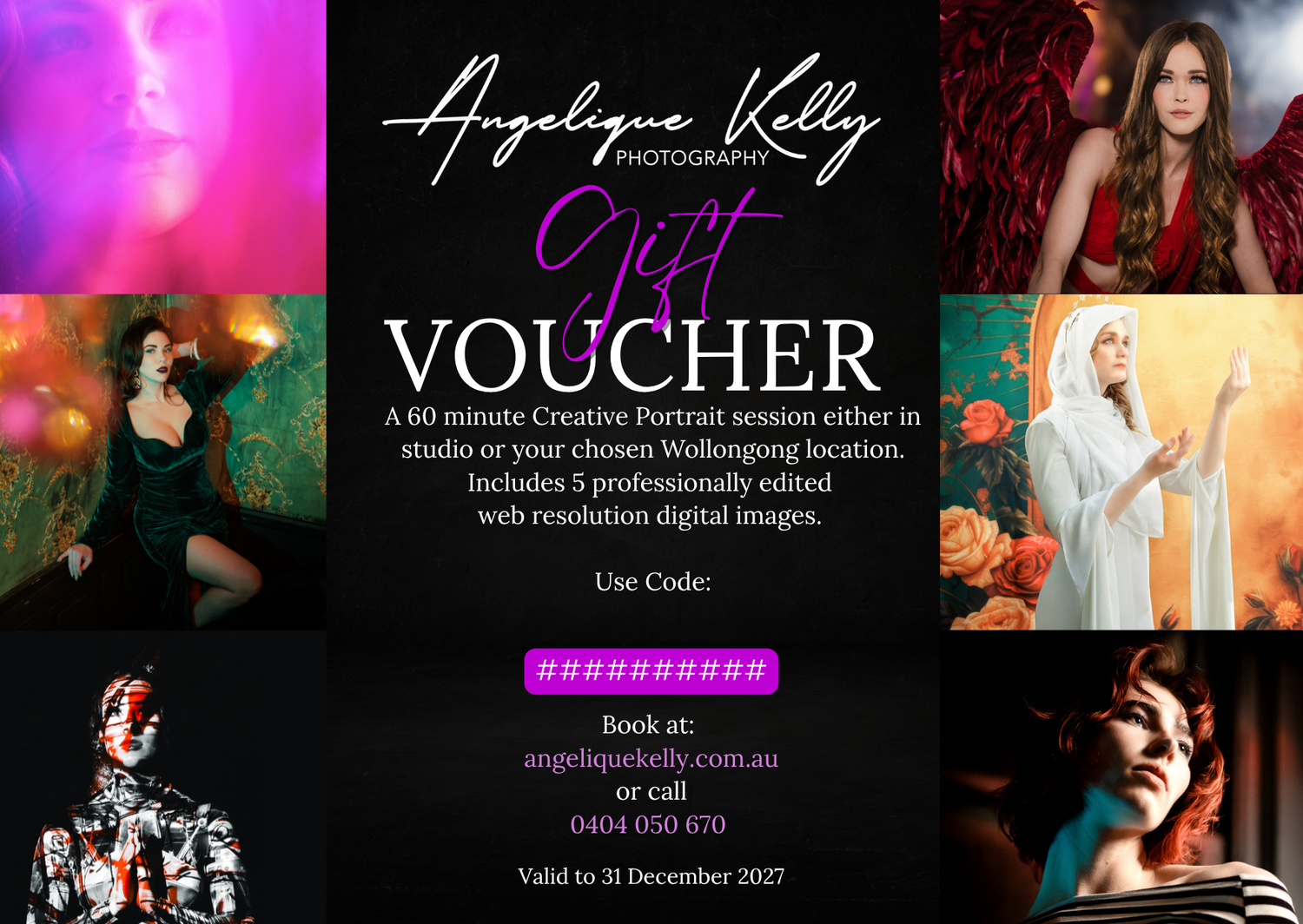 Angelique Kelly Photography gift voucher for a 60-minute creative portrait session with 5 edited digital images.