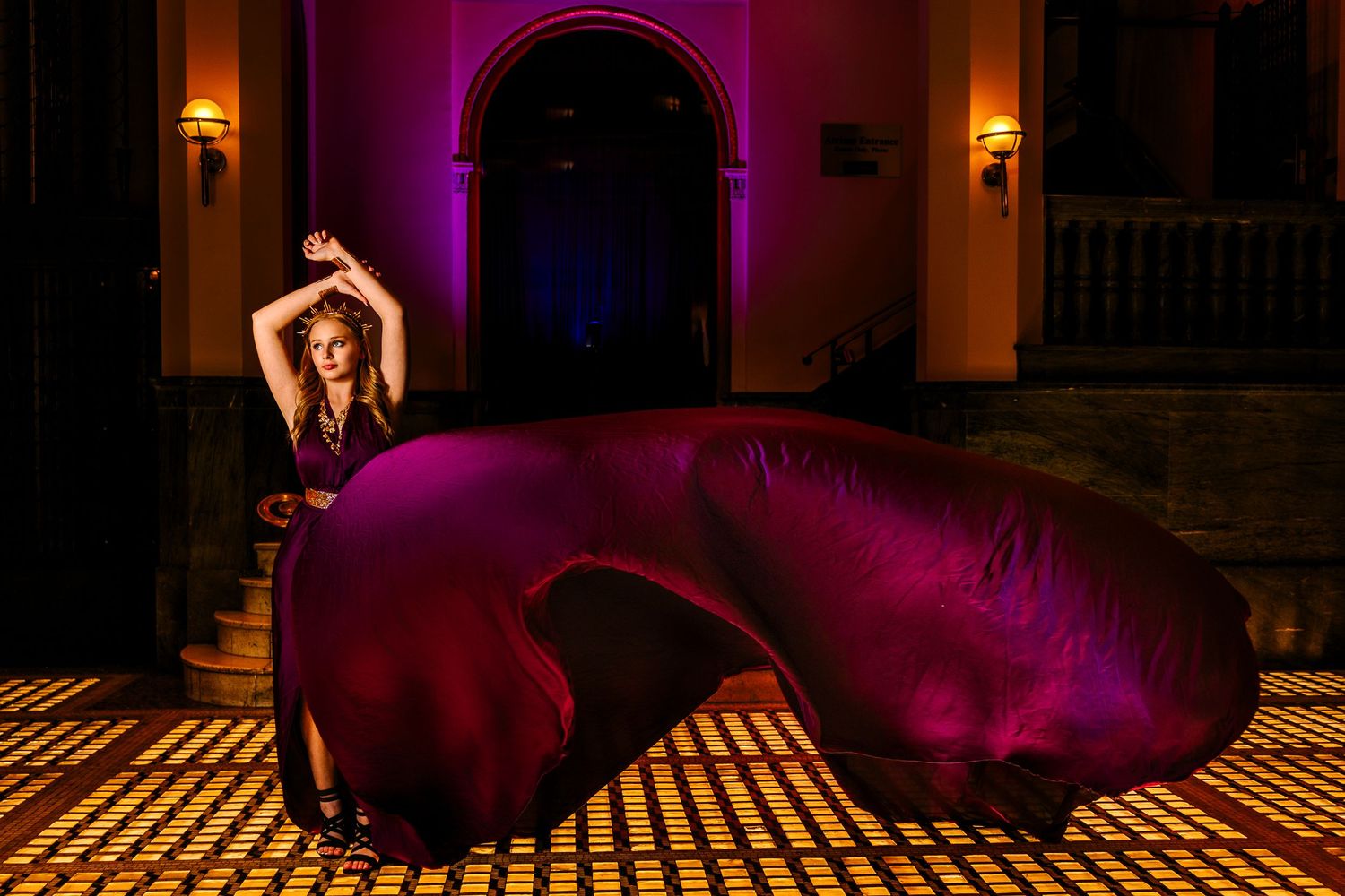 Wollongong Flying Dress Photographer. Woman in Plum Flying Dress at St Louis Union Station Hotel.