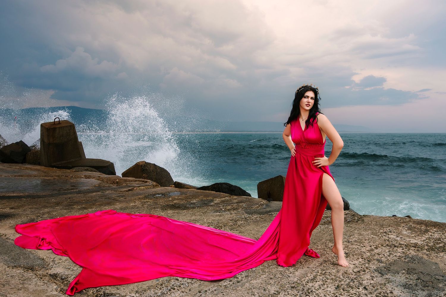 Creative coastal portrait in a flying dress photographed in Wollongong.