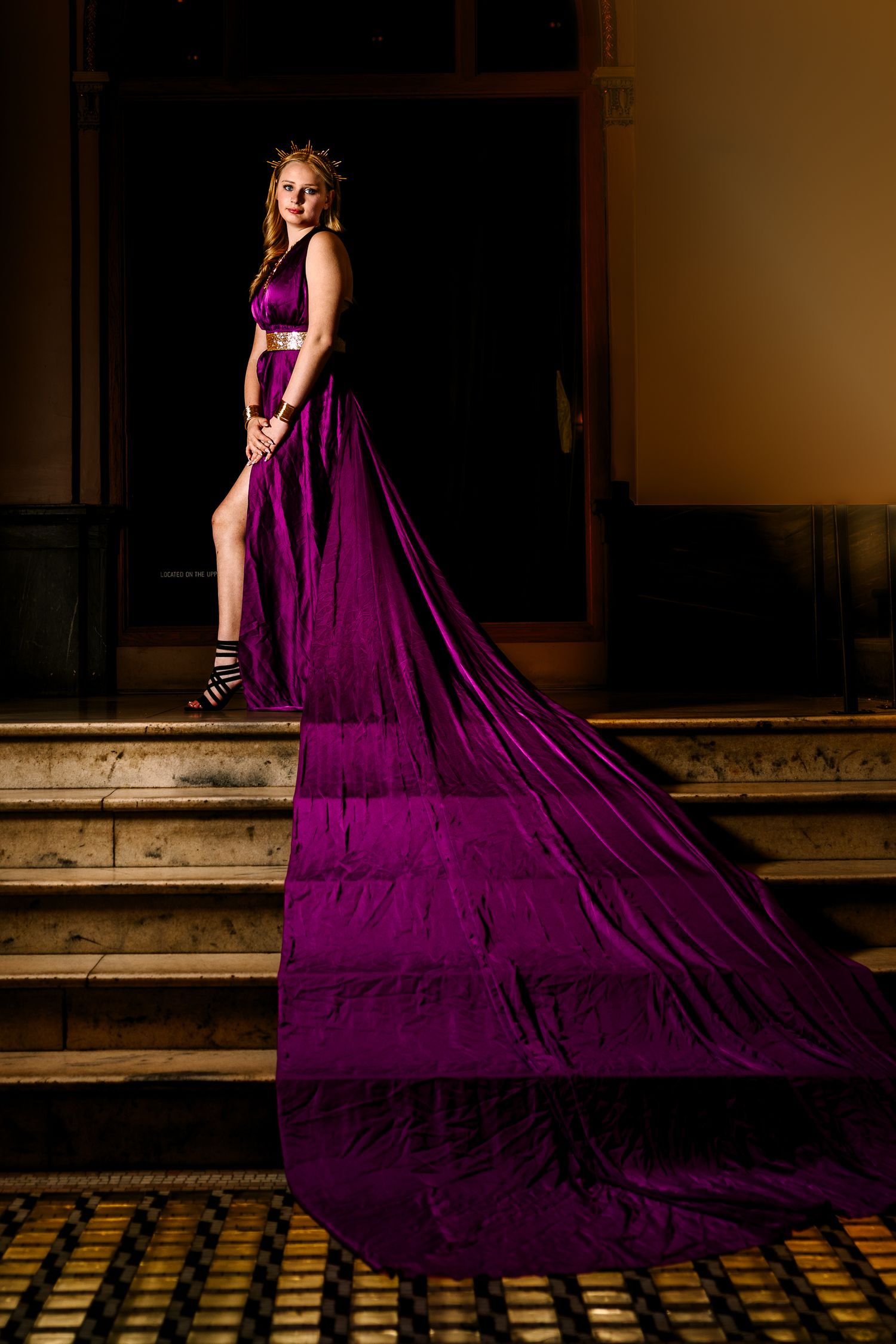 Wollongong Flying Dress Photographer. Woman in Plum Flying Dress at St Louis Union Station Hotel.