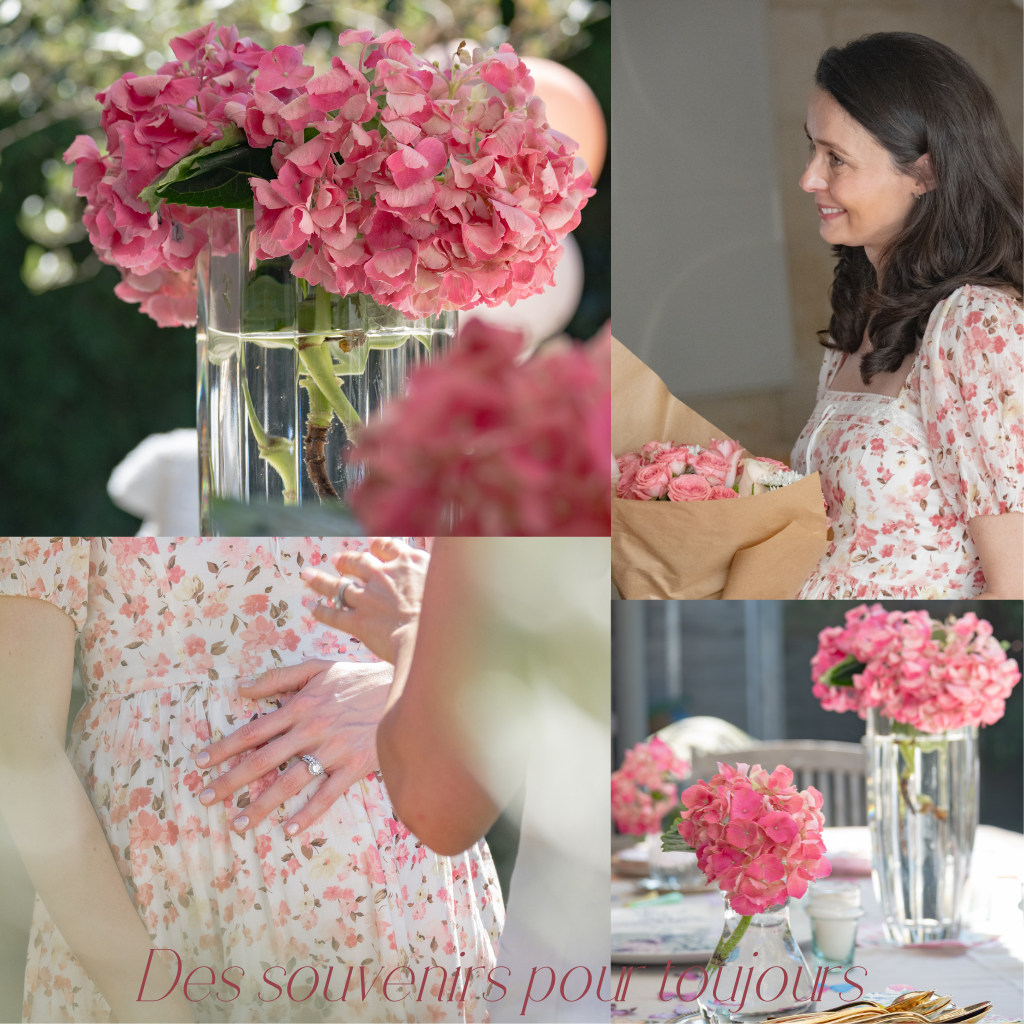 Pink hydrangeas in glass vase with woman in floral dress holding flowers, table setting, text Des souvenirs pour toujours.