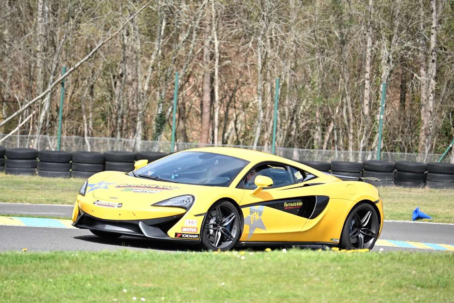Yellow McLaren 570S sports car parked on grass track with trees in background.