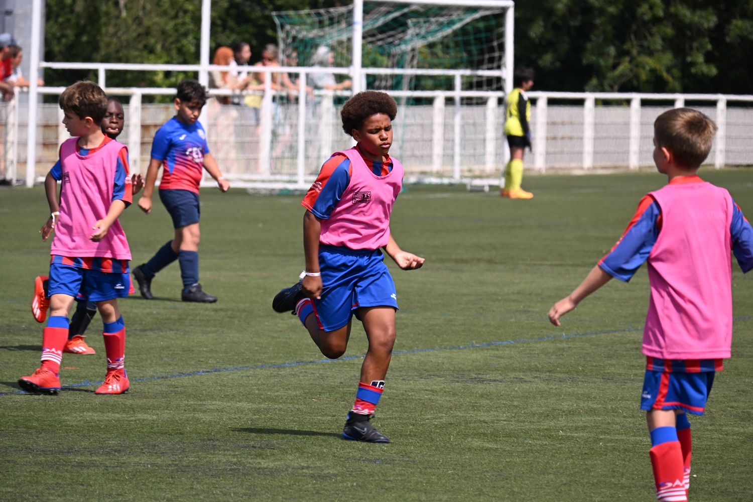 Young athletes in pink jerseys and blue shorts play soccer on a green grass field during a training session.