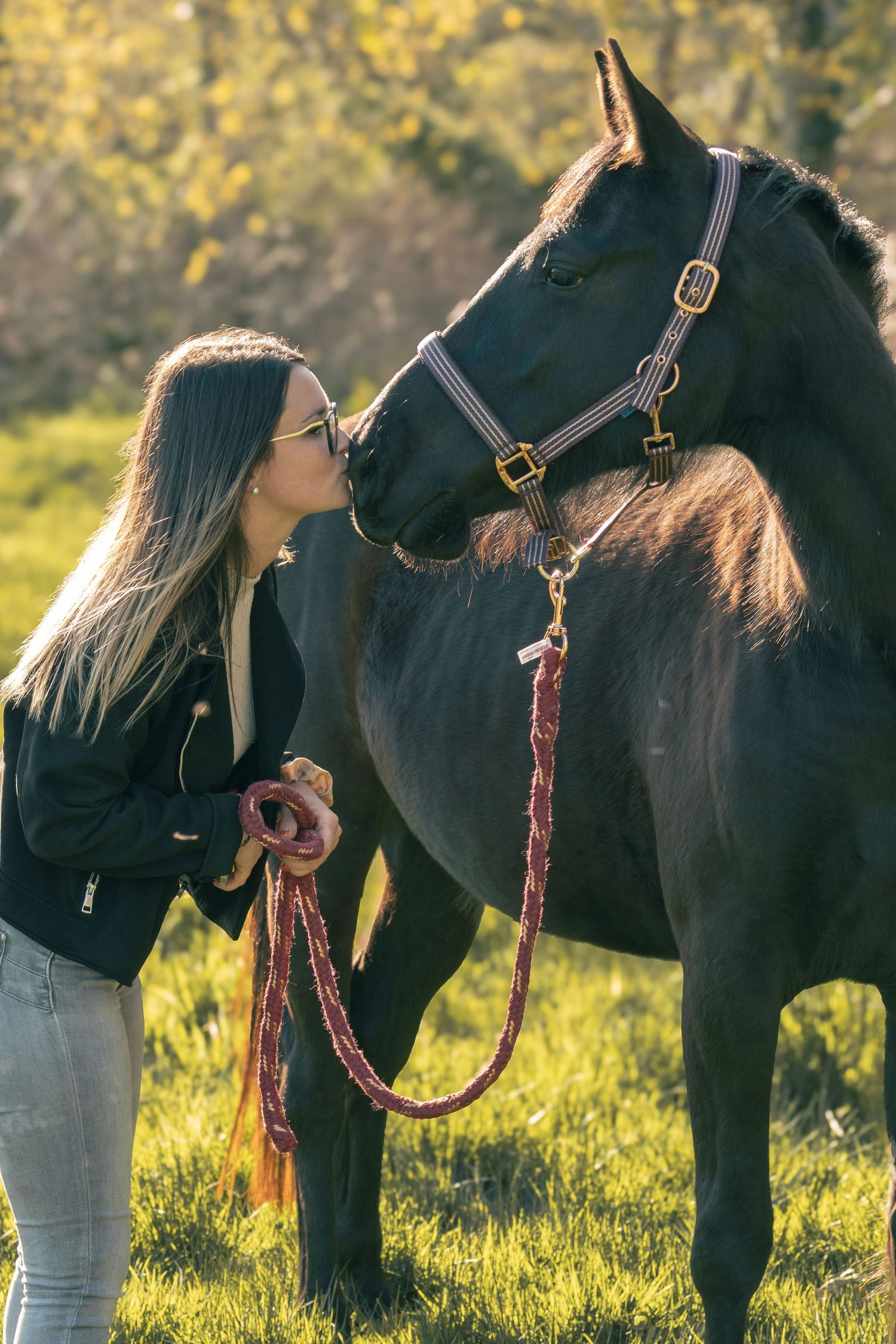 A woman sharing a tender moment with a black horse in a sunlit meadow at golden hour.