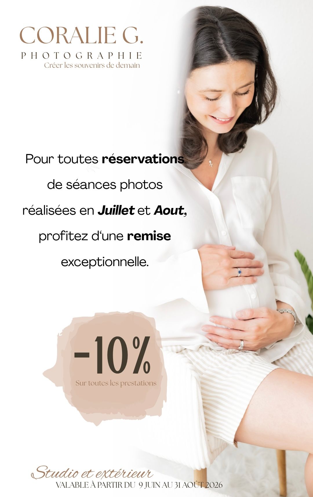 Pregnant woman in white dress holding belly, Coralie G. Photographie offering 10% discount on photo sessions in July and August.