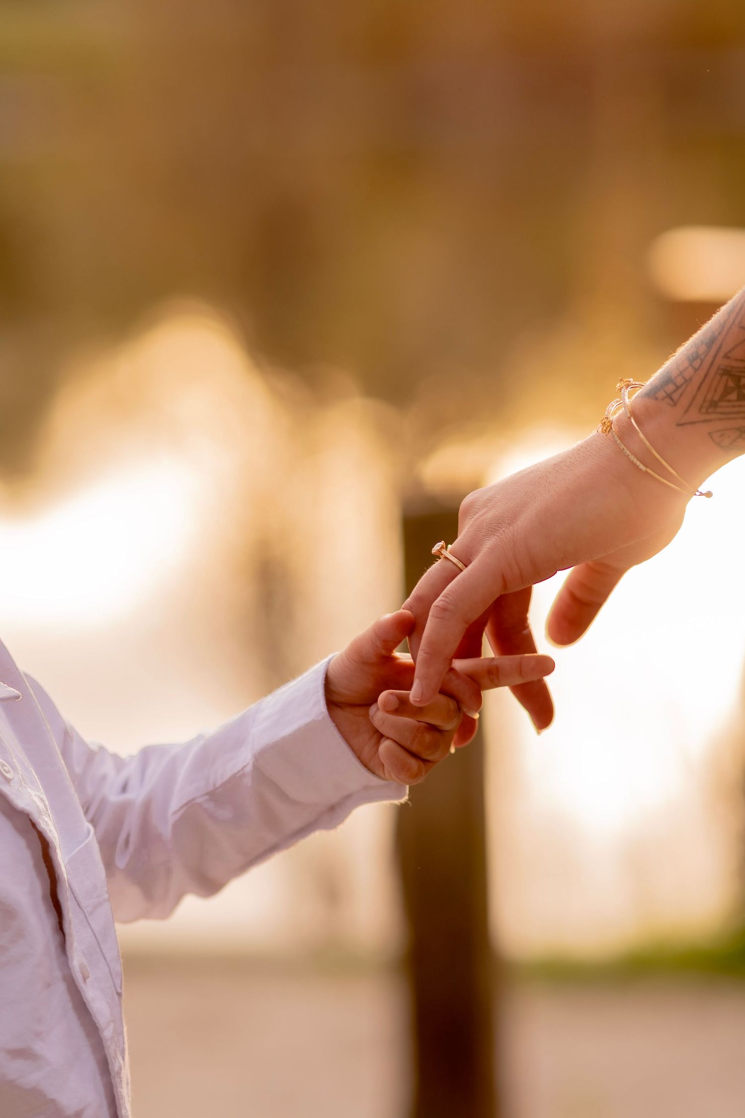 Two hands reaching towards each other in a touching gesture against a soft blurred background with warm lighting.