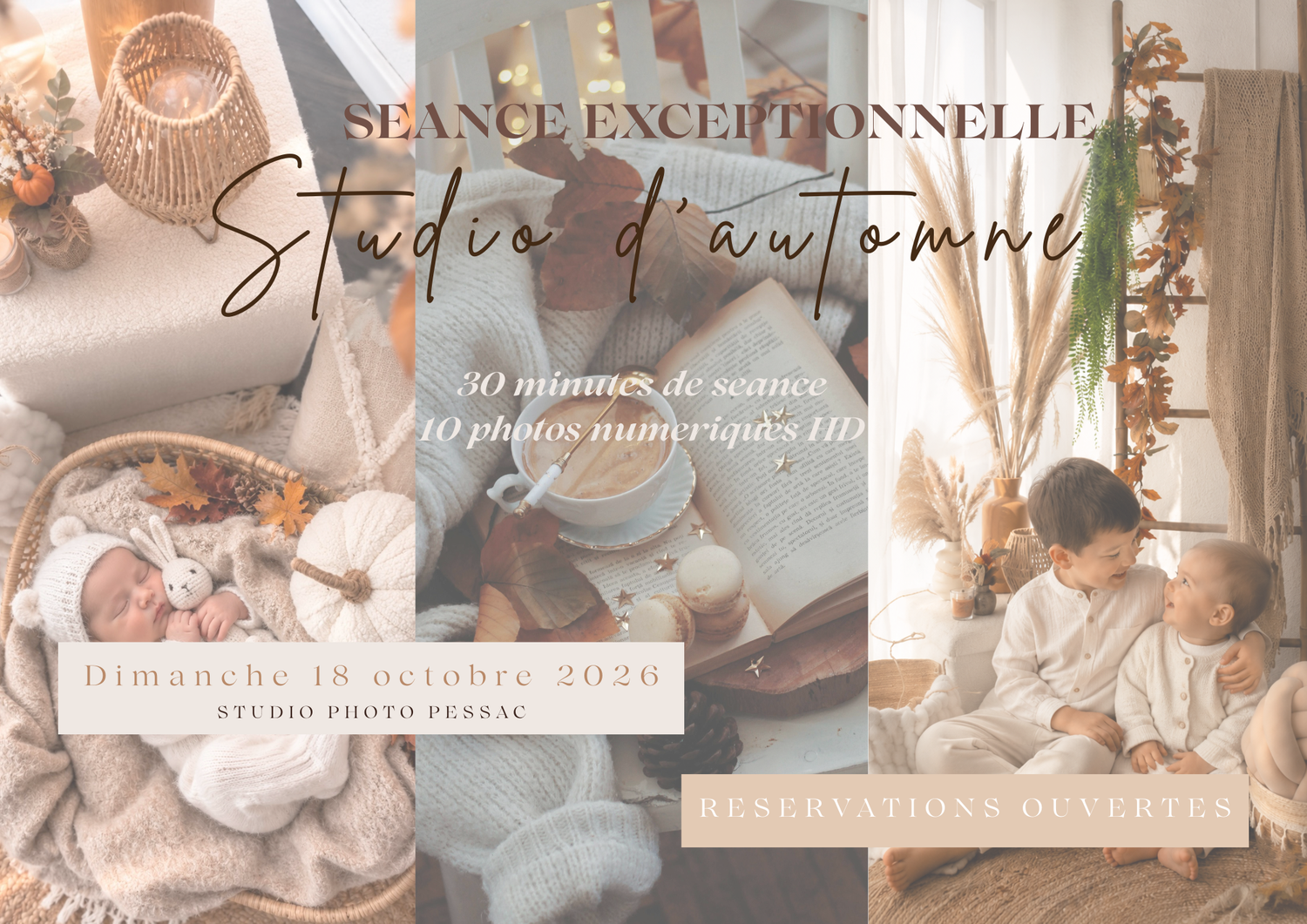 Autumn studio photography session promotional flyer featuring newborn and family photos in warm neutral tones.