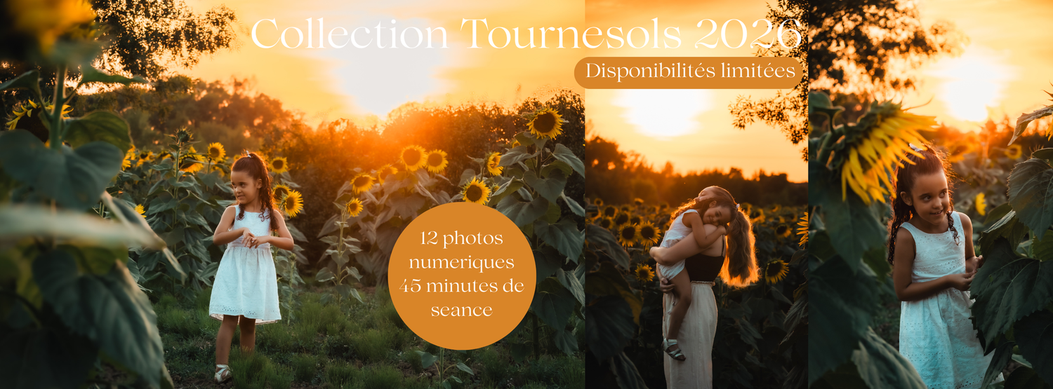 A young girl in a white dress poses in a golden sunflower field at sunset in the Tournesol 2023 collection.