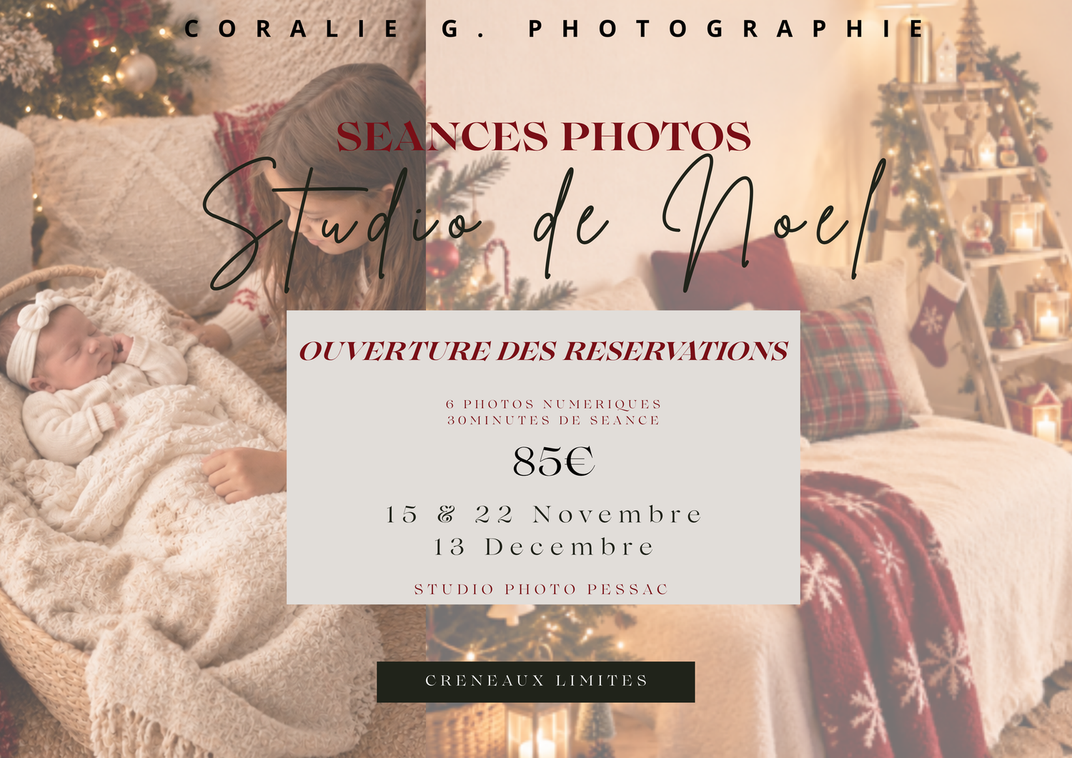 Christmas studio photo session advertisement by Coralie G. Photographie, offering holiday portraits at 85€ in November and December.