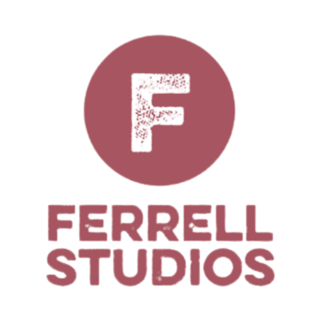 Ferrell Studios logo featuring a bold letter F in a mauve circle above the studio name in matching typography.
