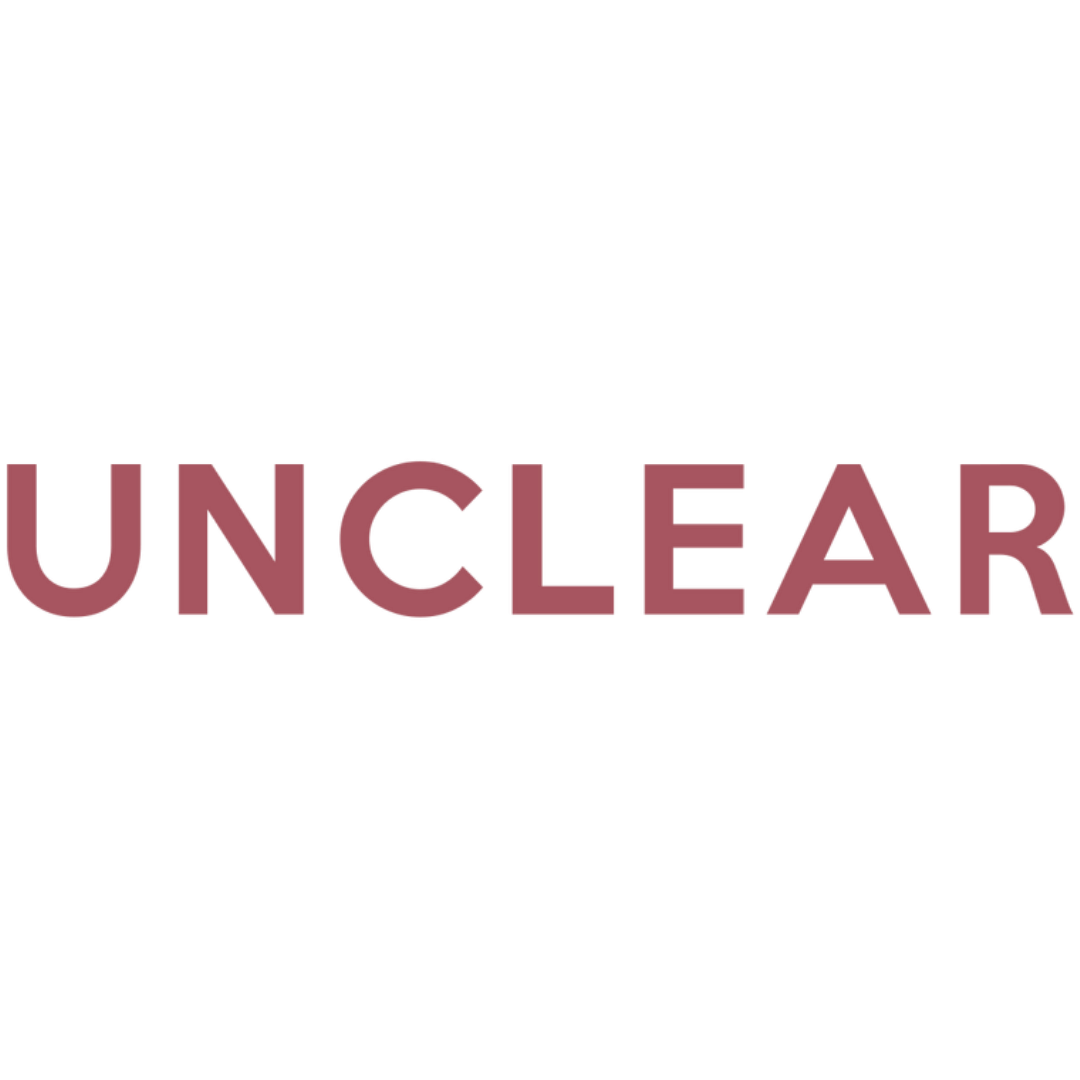 UNCLEAR brand logo displayed in muted rose typography on a white background.