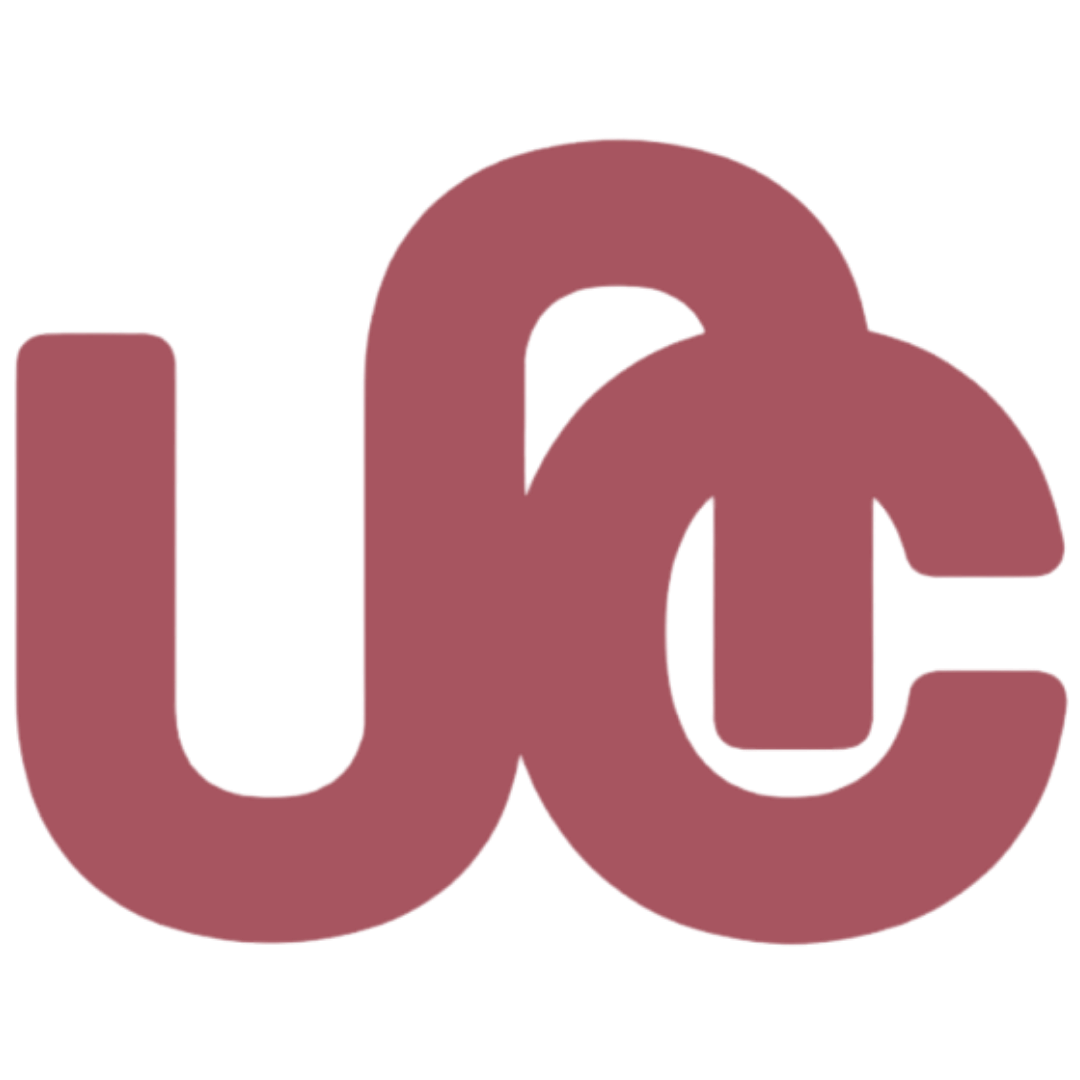 Stylized UC monogram logo in muted rose pink, featuring interlocked letters U and C in a modern bold design.