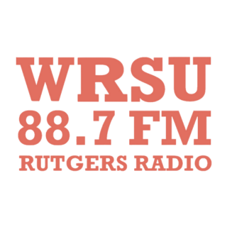 A vintage-style red banner displaying WRSU 88.7 FM Rutgers Radio branding text.