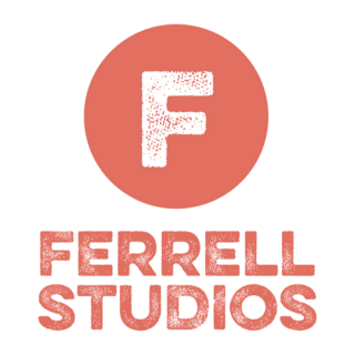 A series of red coral-colored logos for Ferrell Studios displayed in a horizontal row against a white background.